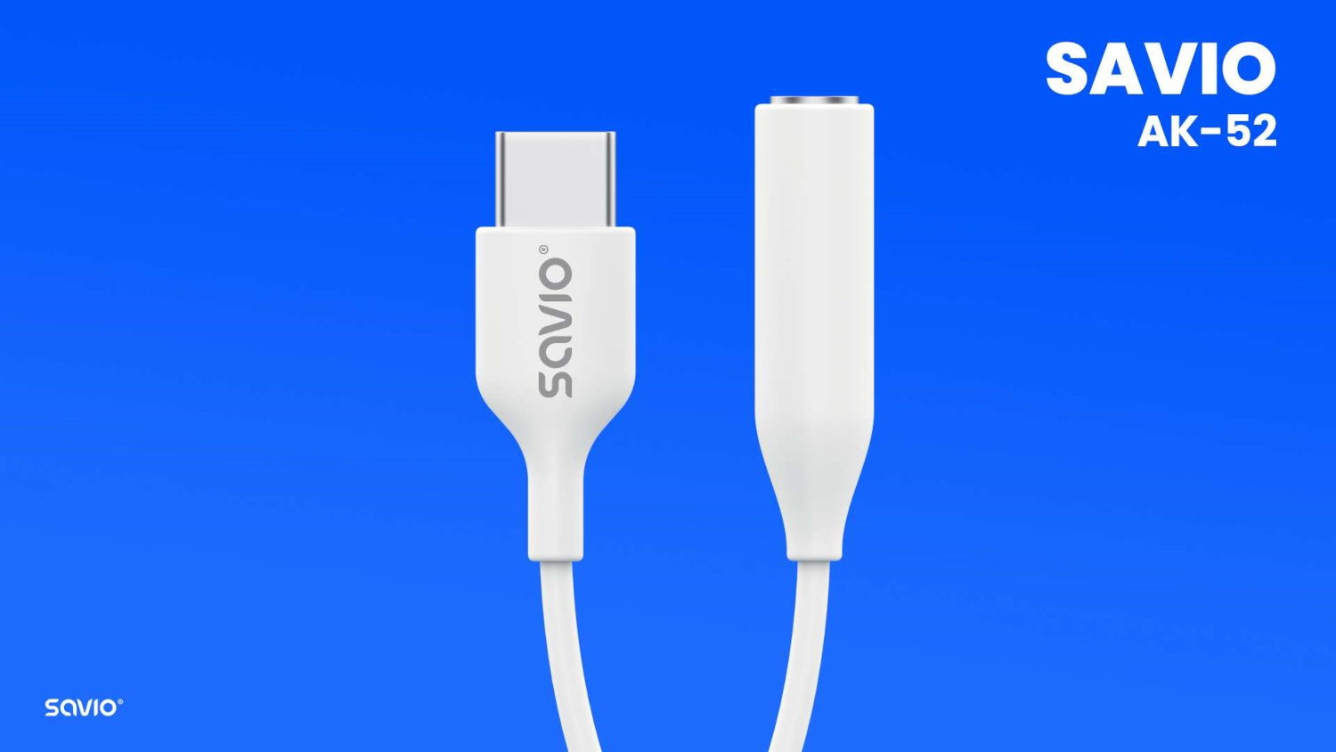 Fehér Savio AK-52 kábel USB-C csatlakozóval az egyik végén és jack dugóval a másikon.