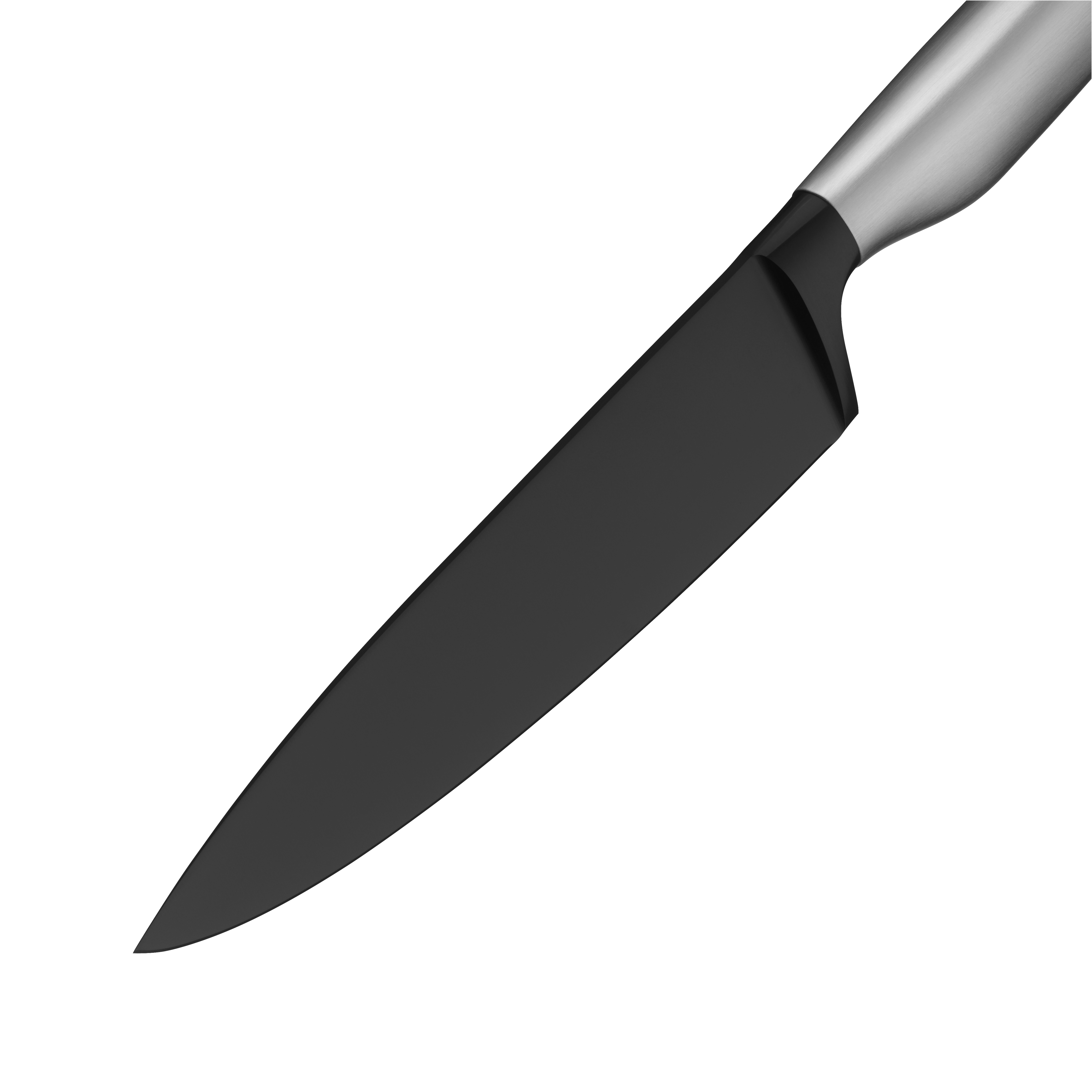 Schwarzes Kochmesser mit silbernem Griff. Das Messer ist abgewinkelt und vor weißem Hintergrund isoliert.