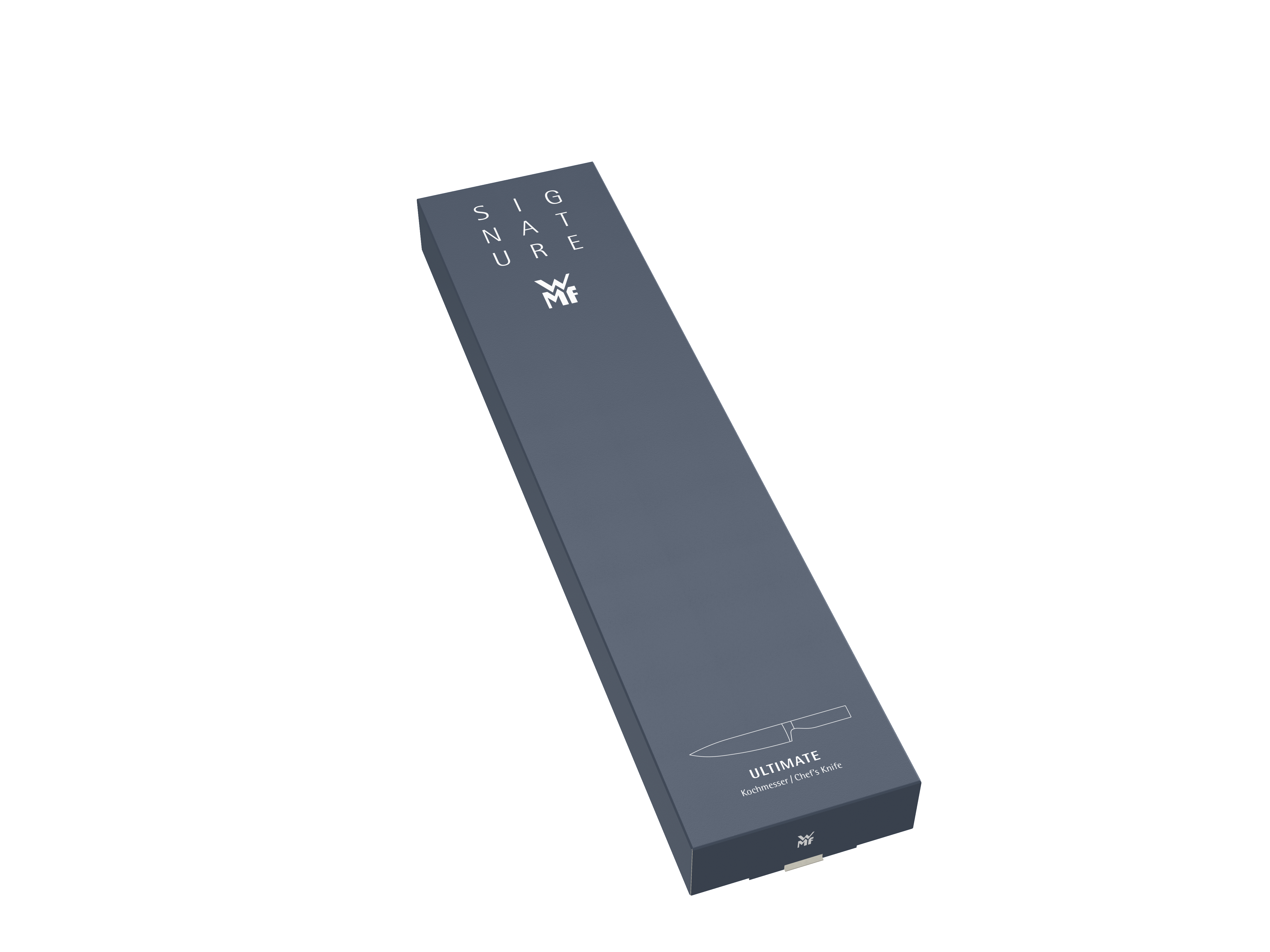 Dunkelgraue Schachtel für ein WMF-Messer, mit den Aufschriften 'Signature' und 'Ultimate'.