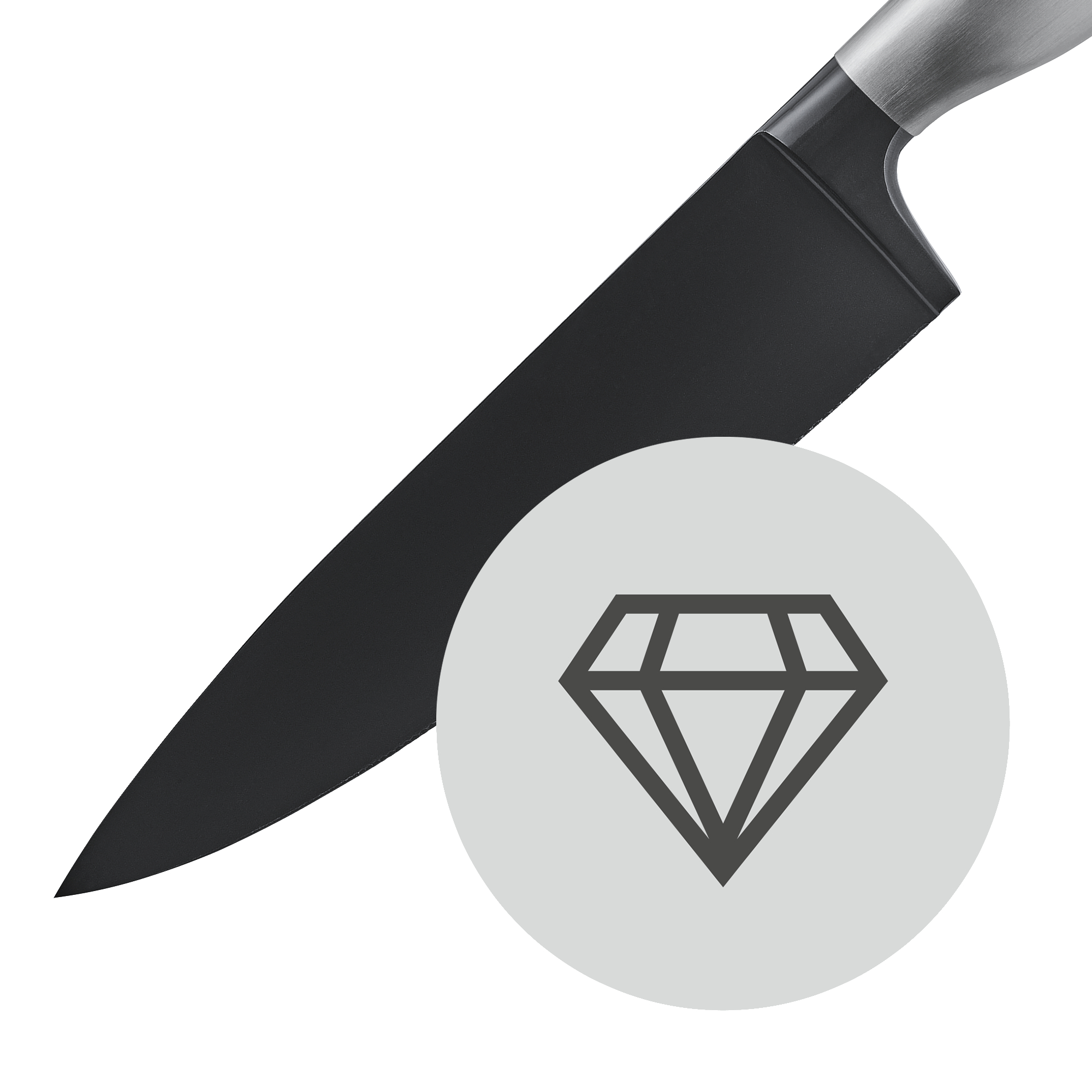 Ein schwarzes Küchenmesser mit einem Diamantsymbol daneben auf weißem Hintergrund.