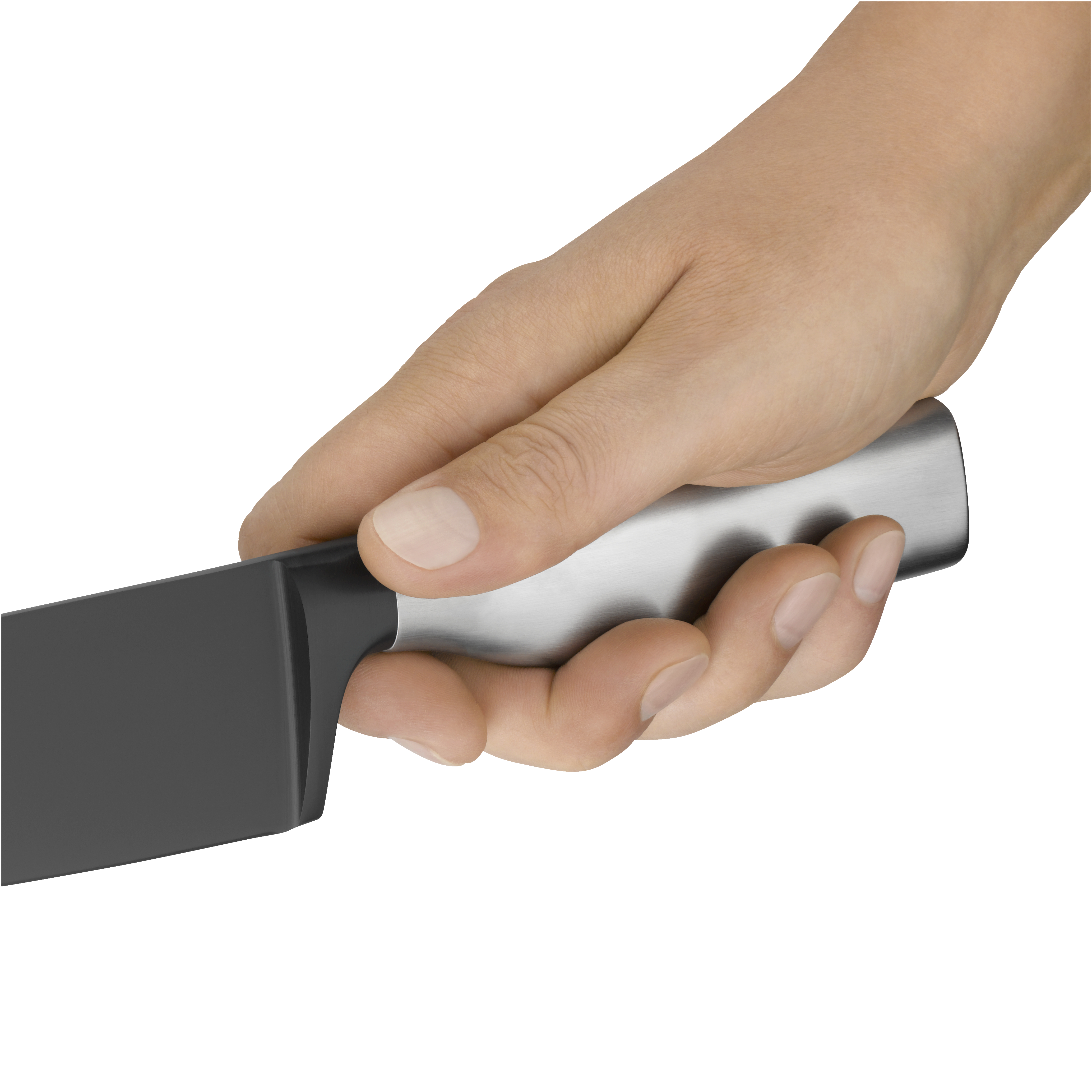 Hand greift ein schwarzes und silbernes Küchenmesser.