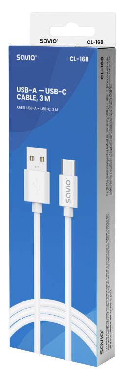 Egy fehér USB-A-USB-C kábel látható a csomagolásában. A csomag kék és fehér, szöveggel.