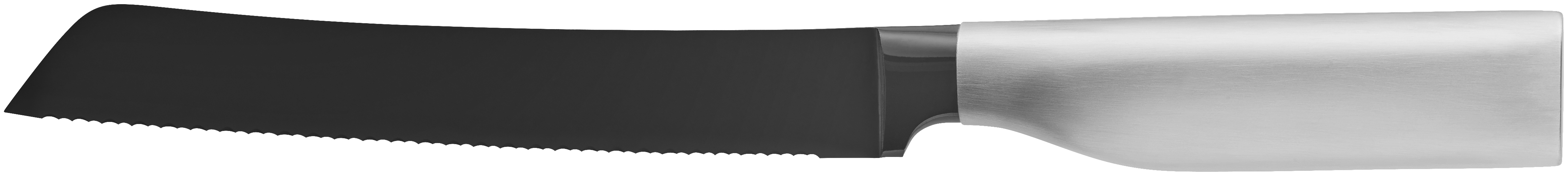 Ein schwarzes Messer mit gezahntem Rand und silbernem Griff.