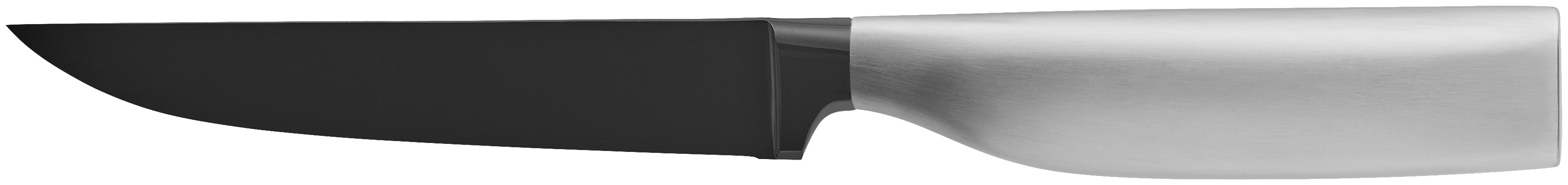 Ein schwarzes und silbernes Messer, abgewinkelt, mit scharfer Klinge.