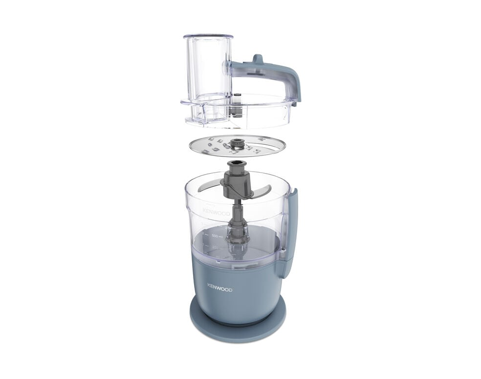 Disassembled food processor with a blue base and transparent parts.