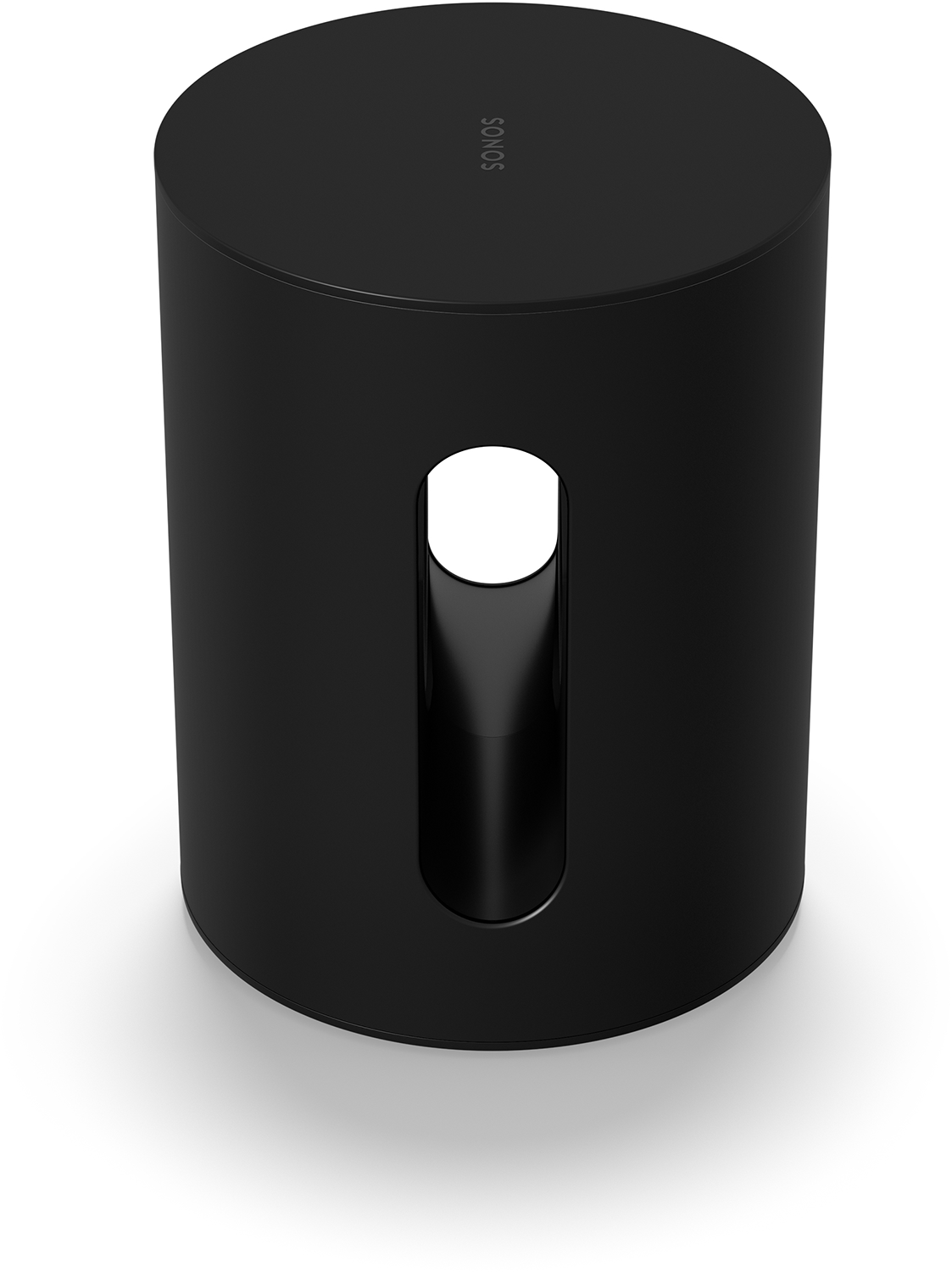 Zwarte cilindrische luidspreker met ovale opening en het woord SONOS.