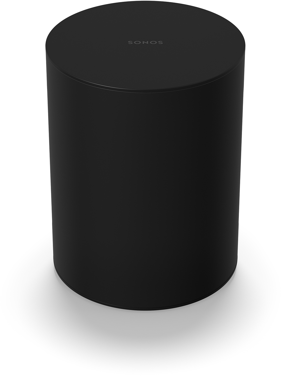 Een zwarte Sonos Sub-luidspreker, cilindrische vorm, bovenkant met Sonos-logo.