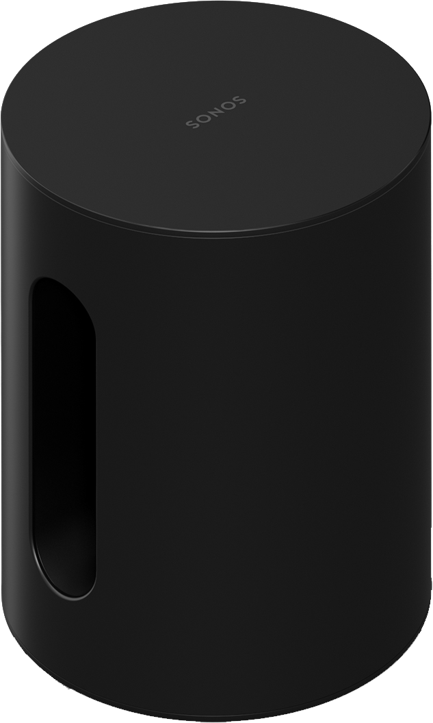 Zwarte Sonos Sub subwoofer met een cilindrisch ontwerp en een uitsparing.