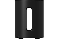 Zwarte Sonos subwoofer met een lange, verticale opening, een rechthoekige vorm en twee voetjes.