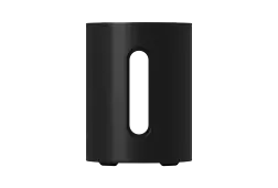 Black Sonos subwoofer with a long, vertical opening, a rectangular shape, and two feet.
