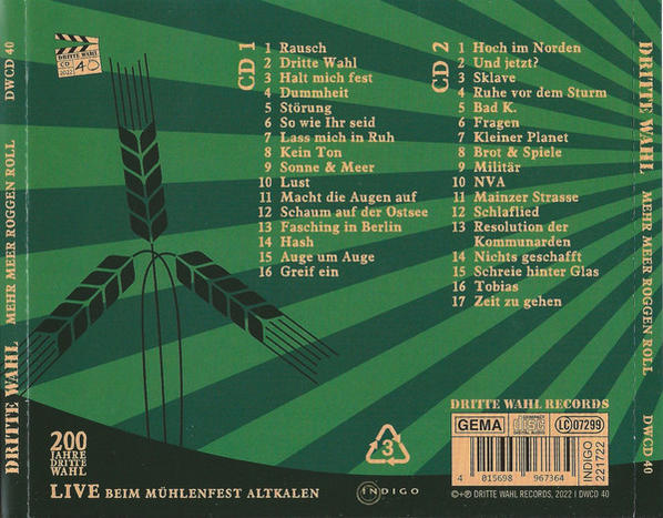 Albumcover, grün und weiß. Text auf Deutsch, Titellisten. Ein Logo befindet sich links.