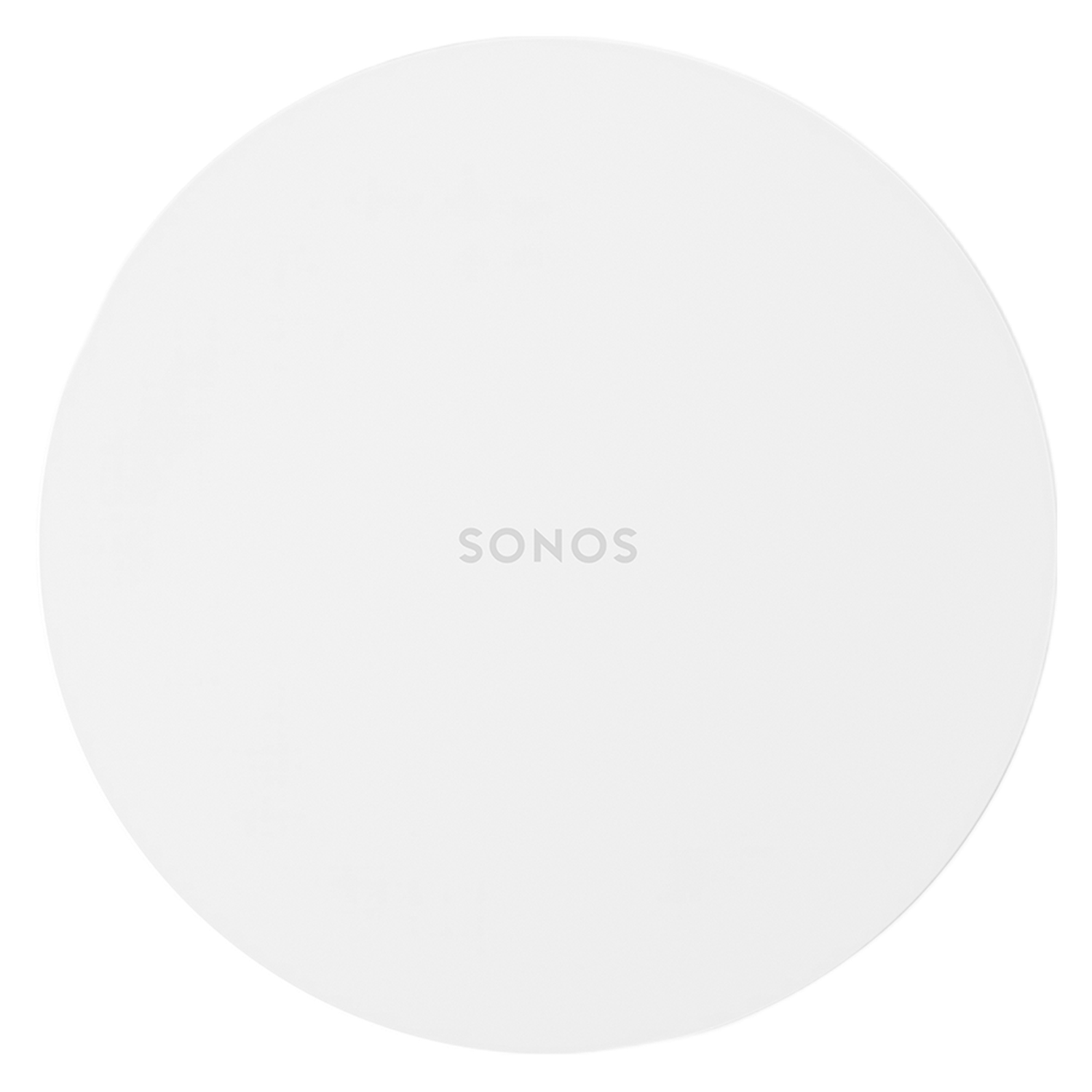 Een wit, cirkelvormig object met het woord SONOS in grijze tekst in het midden.
