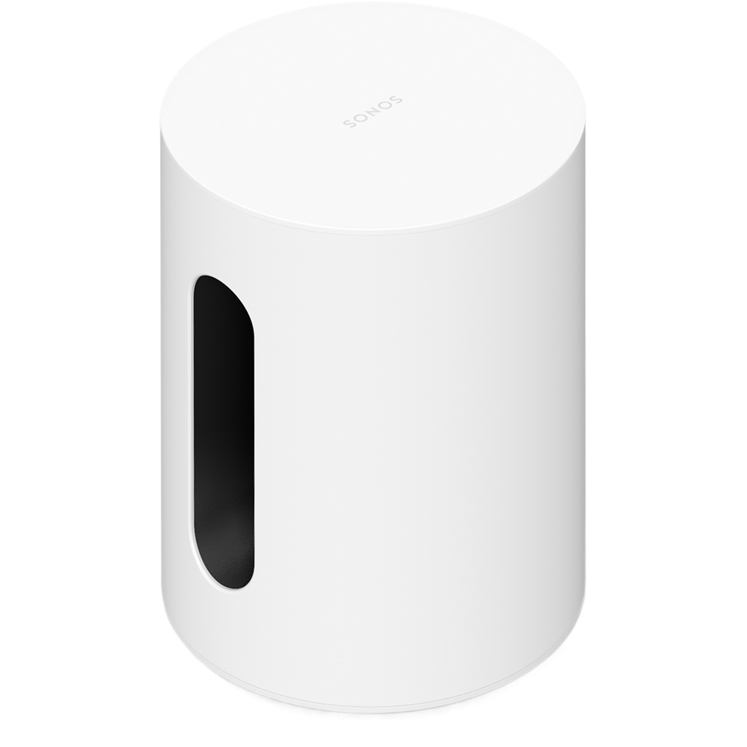 Een witte Sonos subwoofer met een ovale sleuf aan de voorkant staat op een zwarte achtergrond.