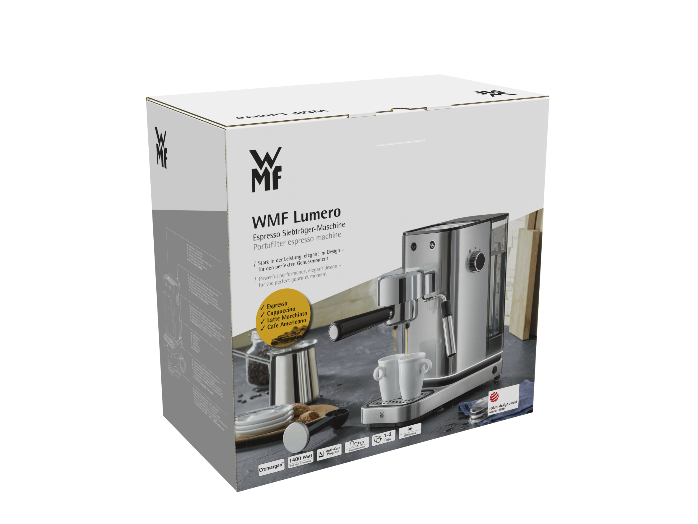 Máquina de espresso en una caja. La caja tiene una imagen de la máquina y una taza.