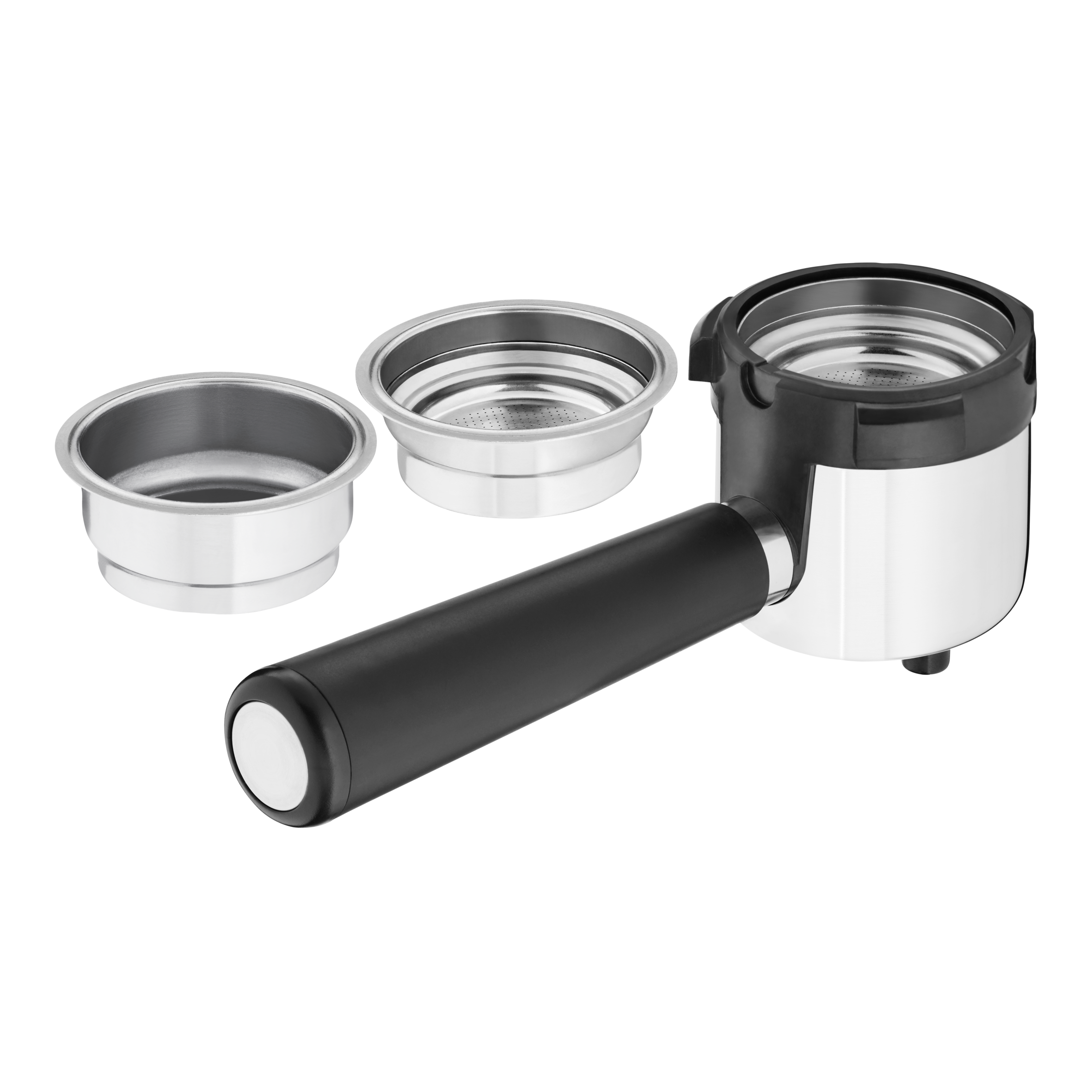 Piezas de cafetera: un portafiltro y dos cestas de filtro. Mango negro, cuerpo plateado.