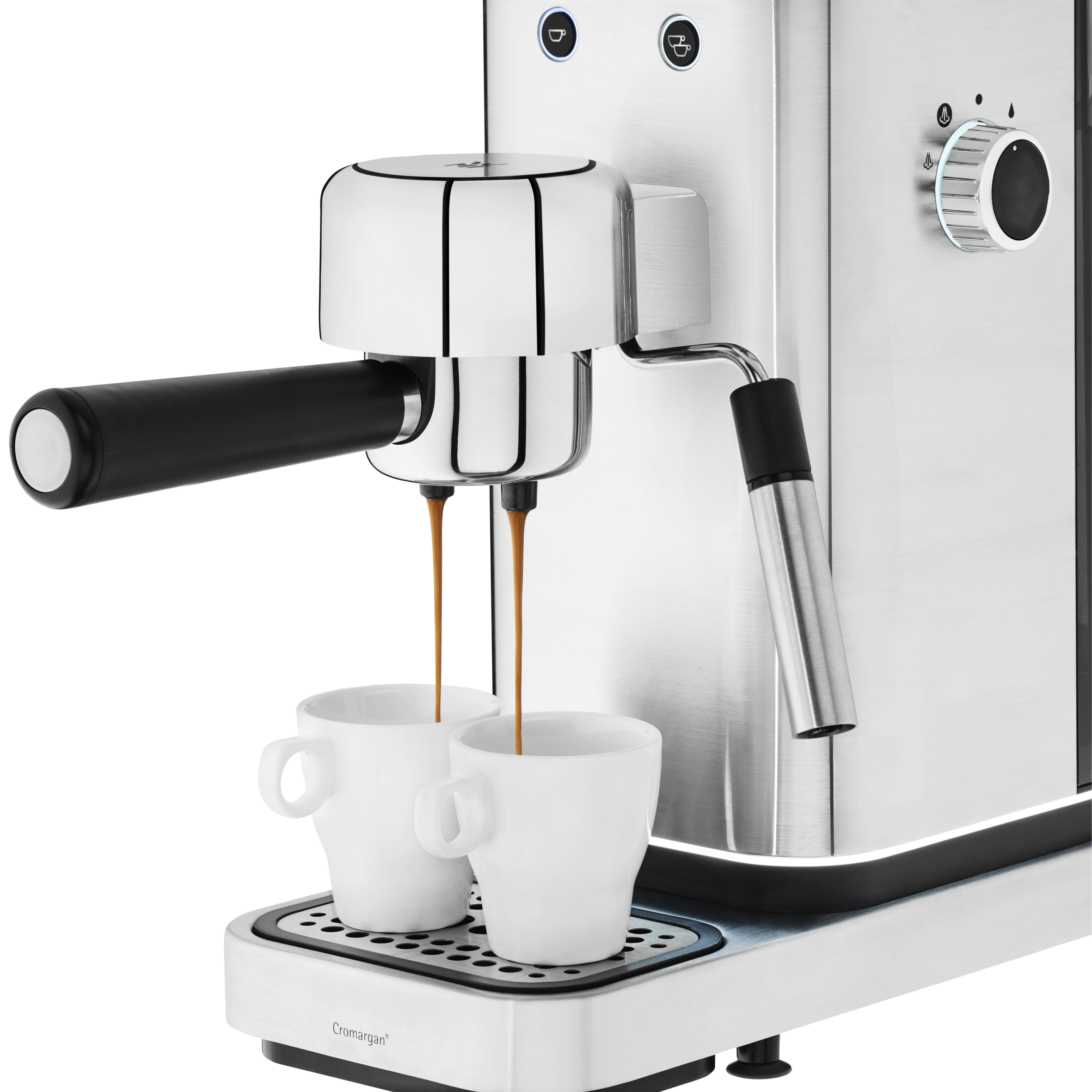 Máquina de espresso con dos tazas llenándose de café.