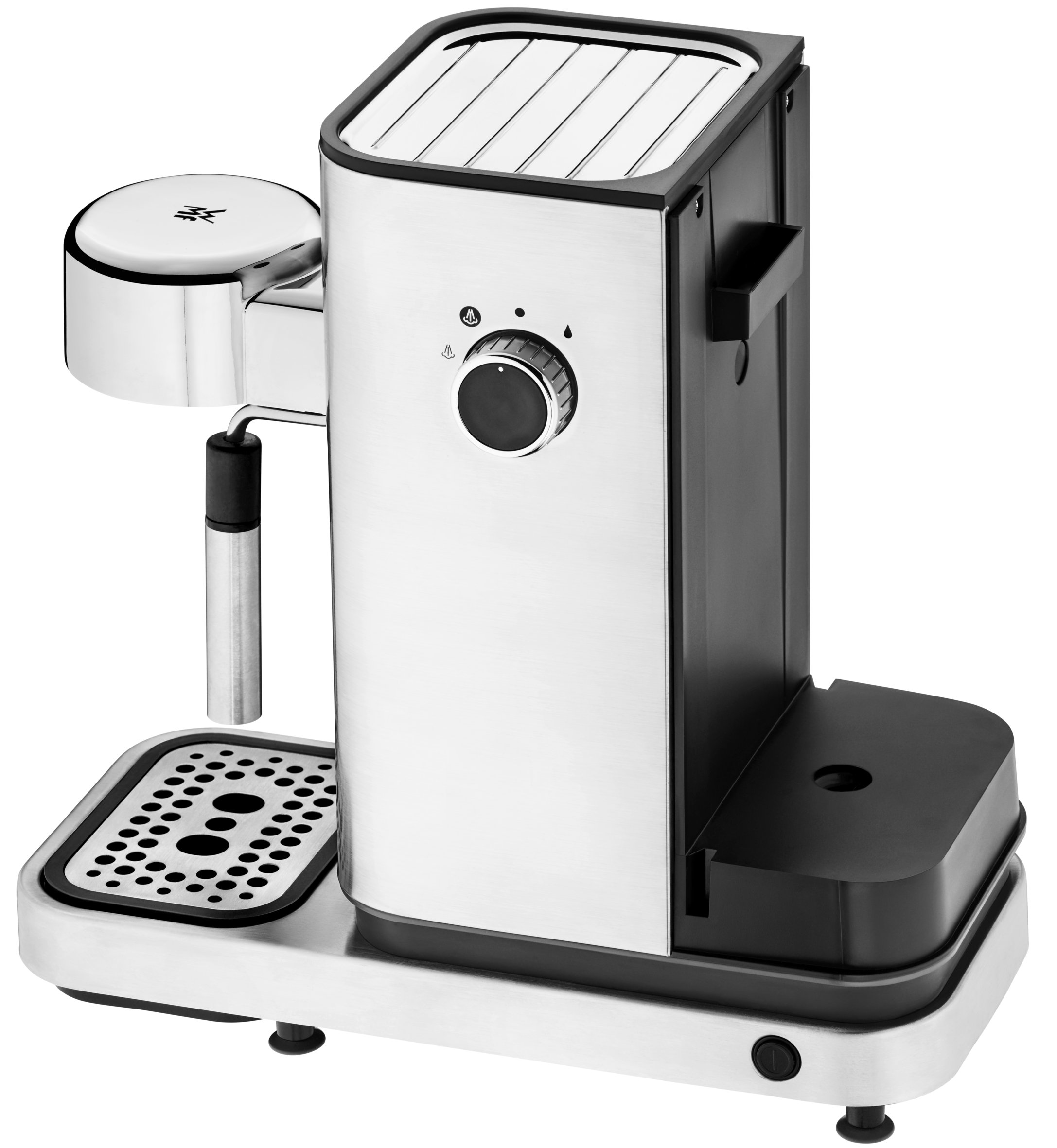 Máquina de espresso plateada y negra. Cuenta con manómetro y vaporizador.
