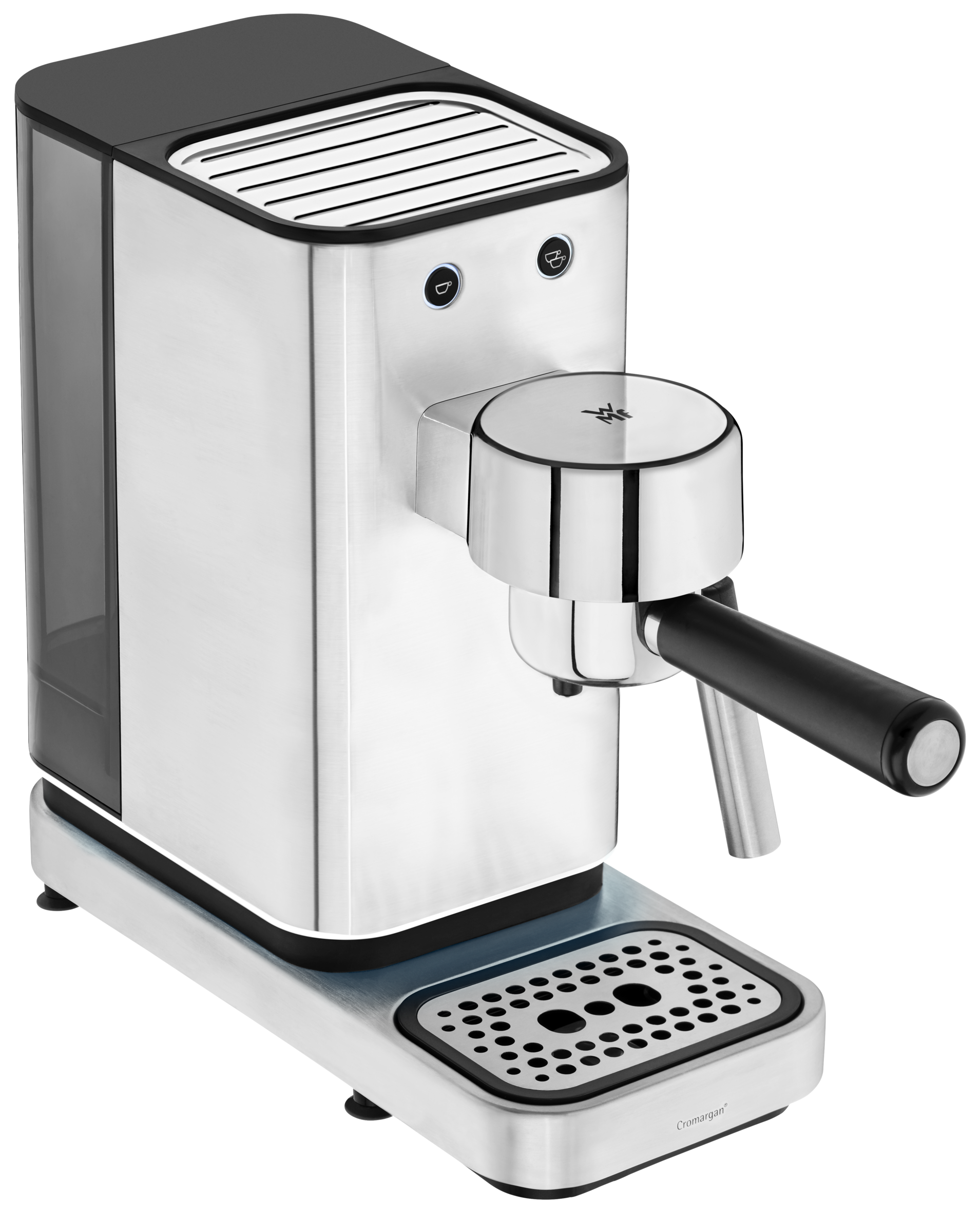 Máquina de espresso de acero inoxidable con mango negro, depósito de agua y bandeja de goteo.