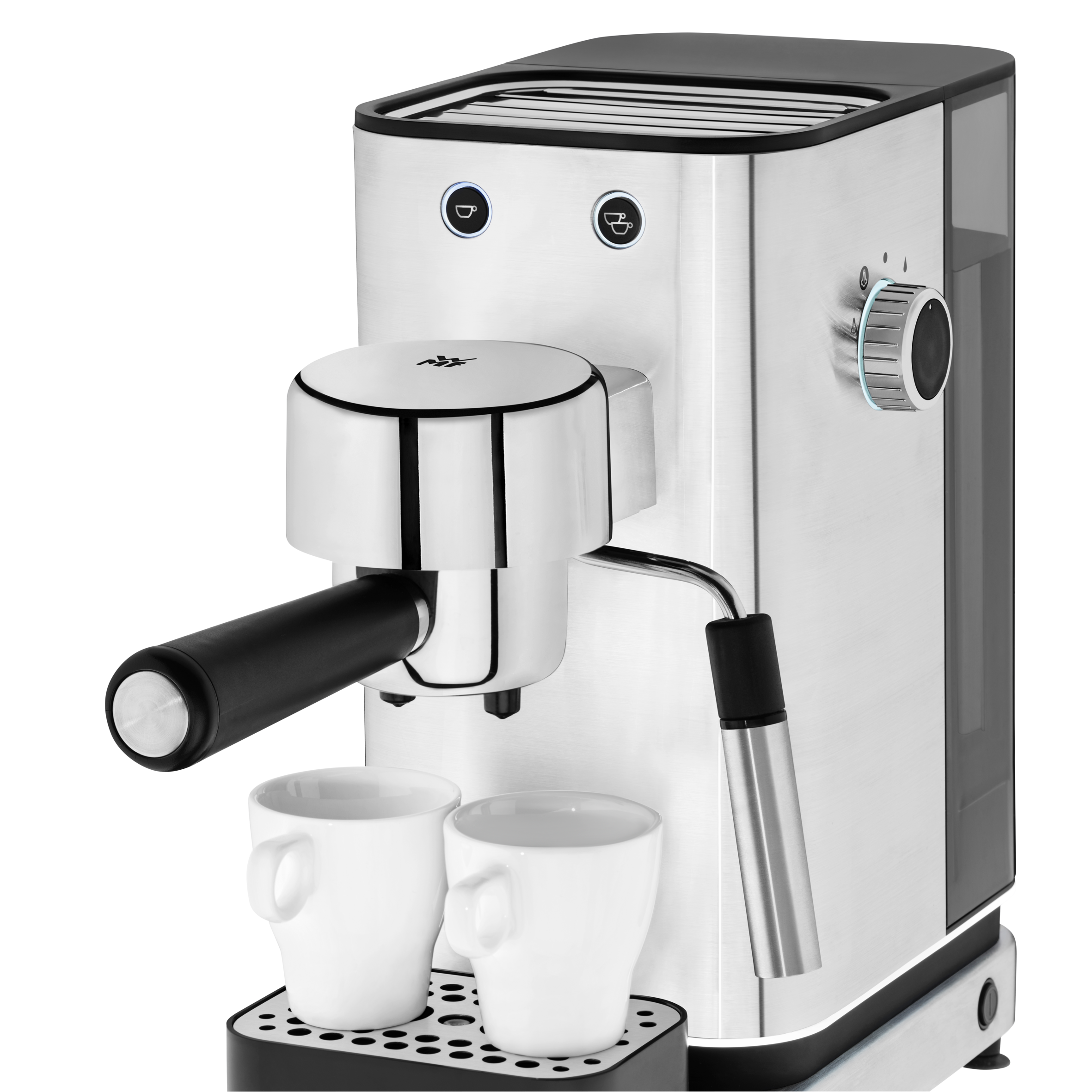 Una cafetera en una encimera. Hay tazas de café, un jarrón y unas estanterías en el fondo.