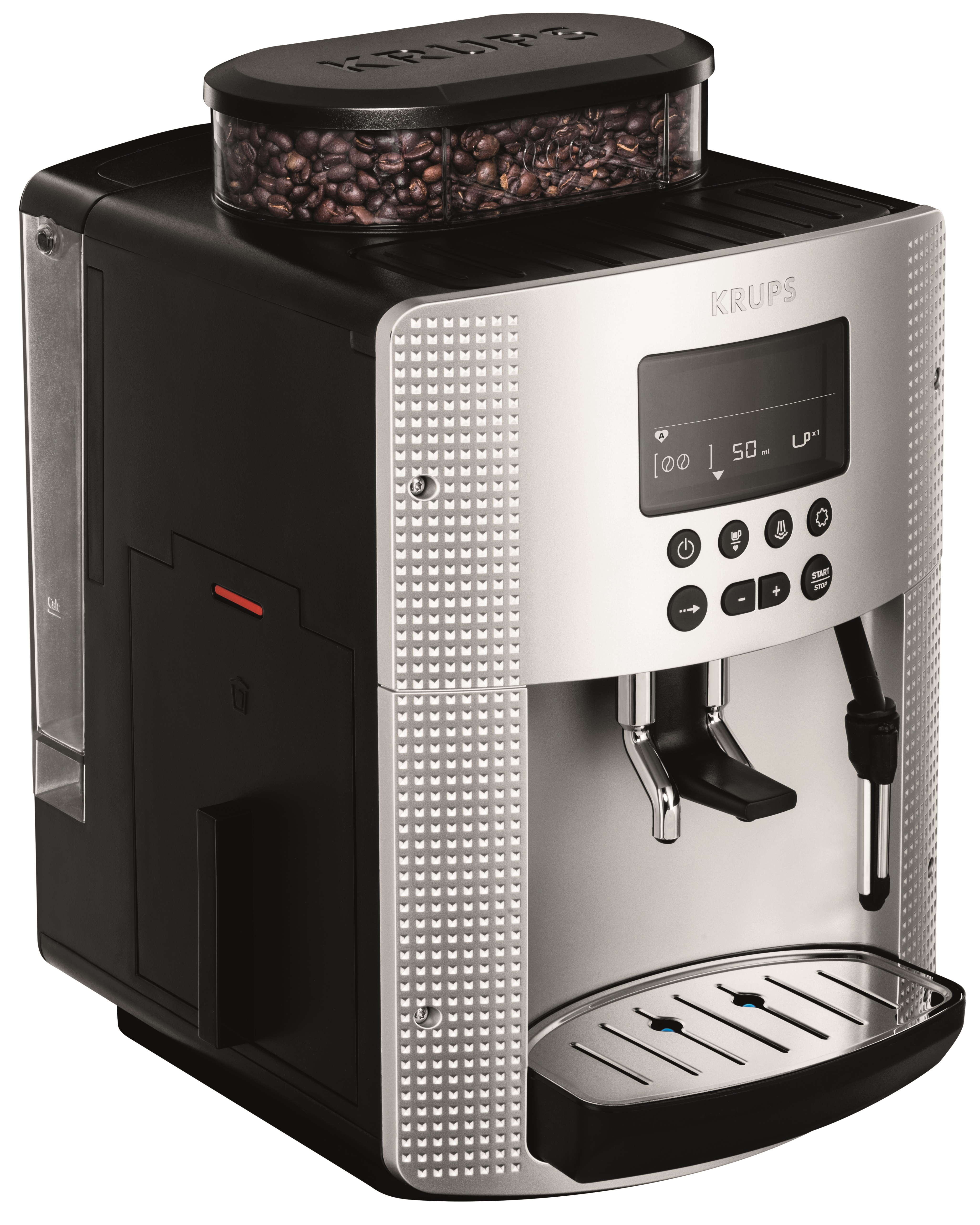 Una cafetera plateada y negra con un contenedor de granos y una pantalla.