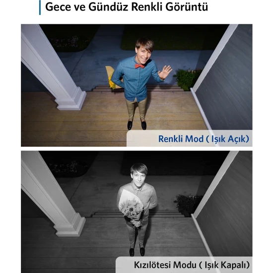İki görüntü: Bir adam gündüz ve gece gri tonlamada, bir evin önünde el sallıyor.