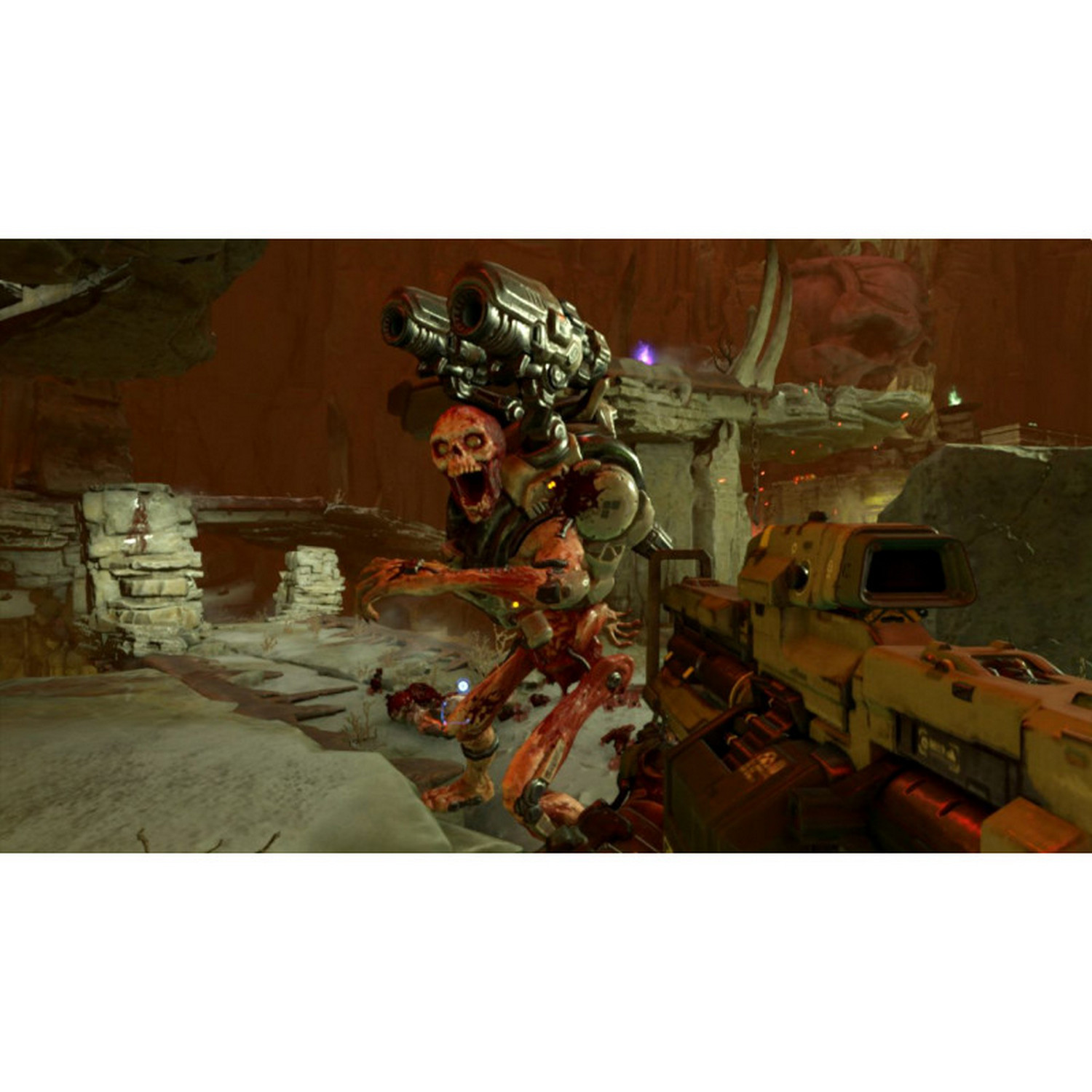 Monstruo con arma en escena de juego, visto desde la perspectiva del arma.