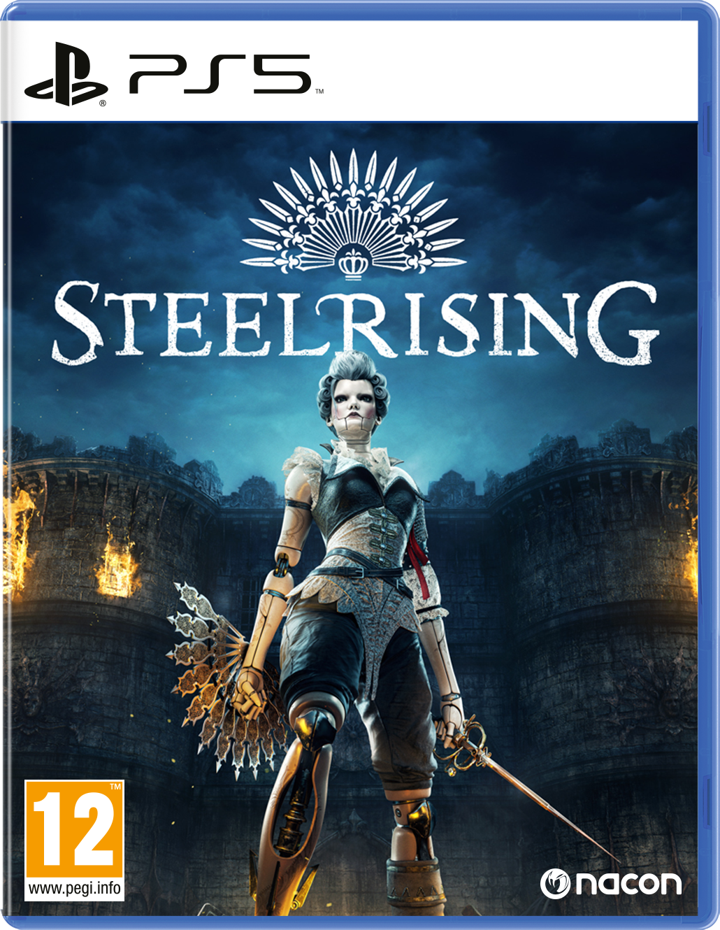 Pochette du jeu Steelrising PS5. Un automate féminin dans un cadre médiéval, tenant une épée.