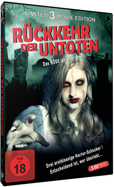 Film-DVD-Cover. Zombiefrau mit Friedhofshintergrund. Text auf Deutsch.