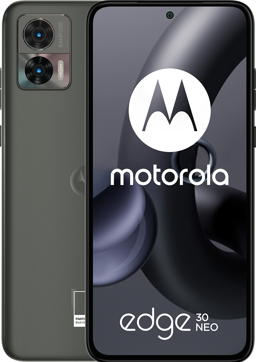 Motorola Edge 30 Neo telefoon. De telefoon is grijs en toont de achterkant met camera en logo.