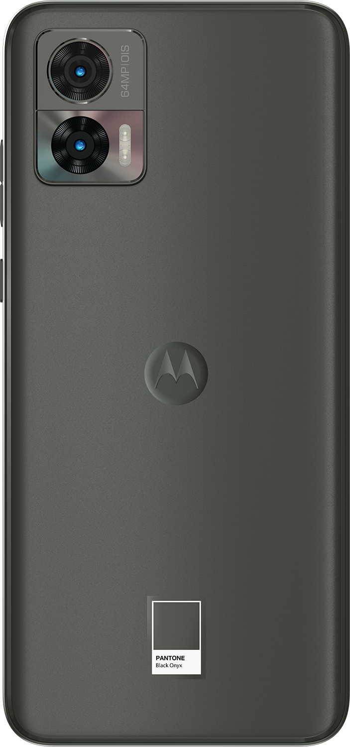 Donkergrijze achterkant van de Motorola-telefoon met twee camera's en het Motorola-logo. Pantone-kleurenkaart.
