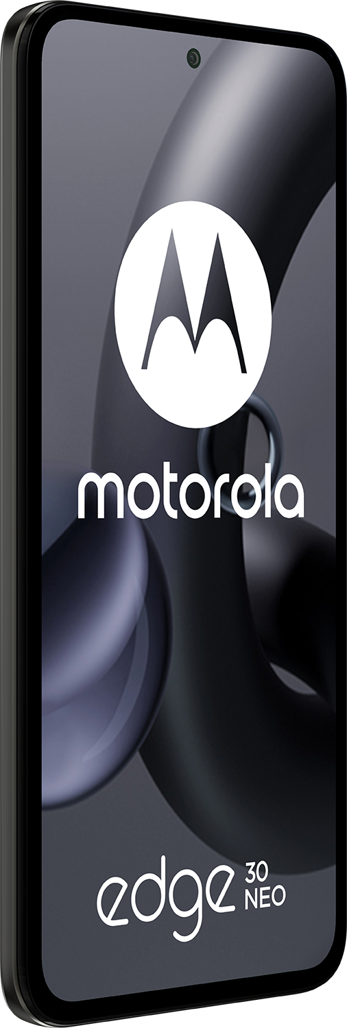 Motorola Edge 30 Neo telefoon, zwart frame, met het Motorola-logo.