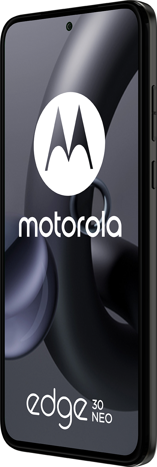 Motorola Edge 30 Neo smartphone, zwarte kleur, met het Motorola-logo op het scherm.