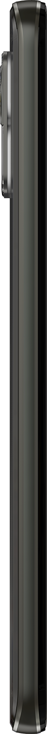 Zijaanzicht van een zwarte telefoon met camerabult, op een zwarte achtergrond. De telefoon is verticaal.