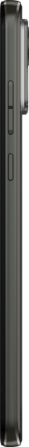 Een zwarte telefoon van de zijkant, met knoppen. Zwarte achtergrond.