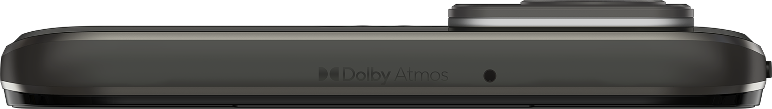 Een close-up van de onderkant van een donkergrijze telefoon met een Dolby Atmos-logo en een klein gaatje.