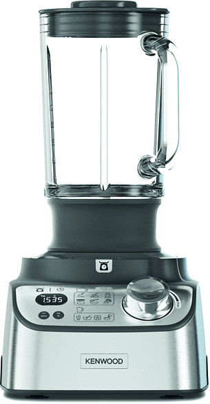 Blender Kenwood argenté avec un bocal en verre. La base comporte des boutons et un affichage numérique.