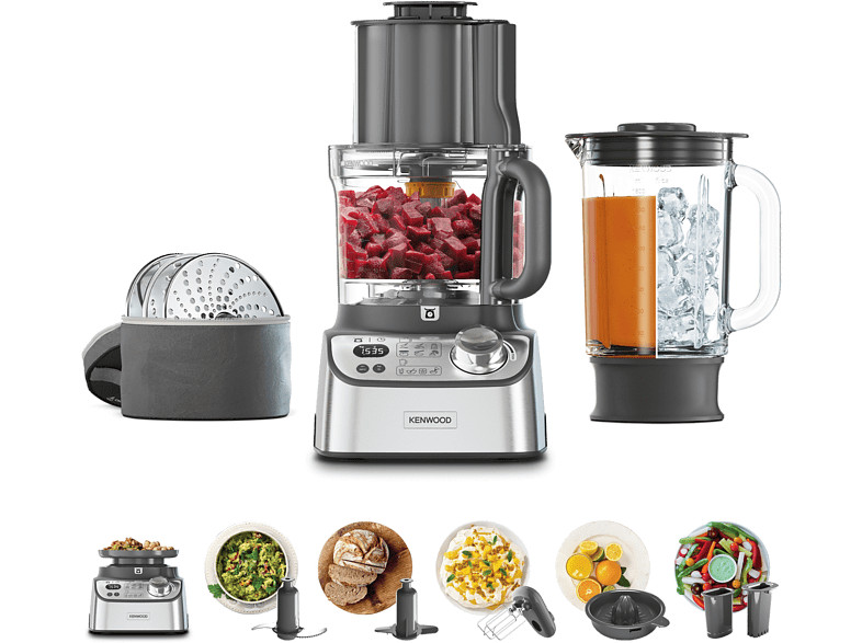 Robot culinaire Kenwood avec accessoires et ingrédients sur fond blanc.