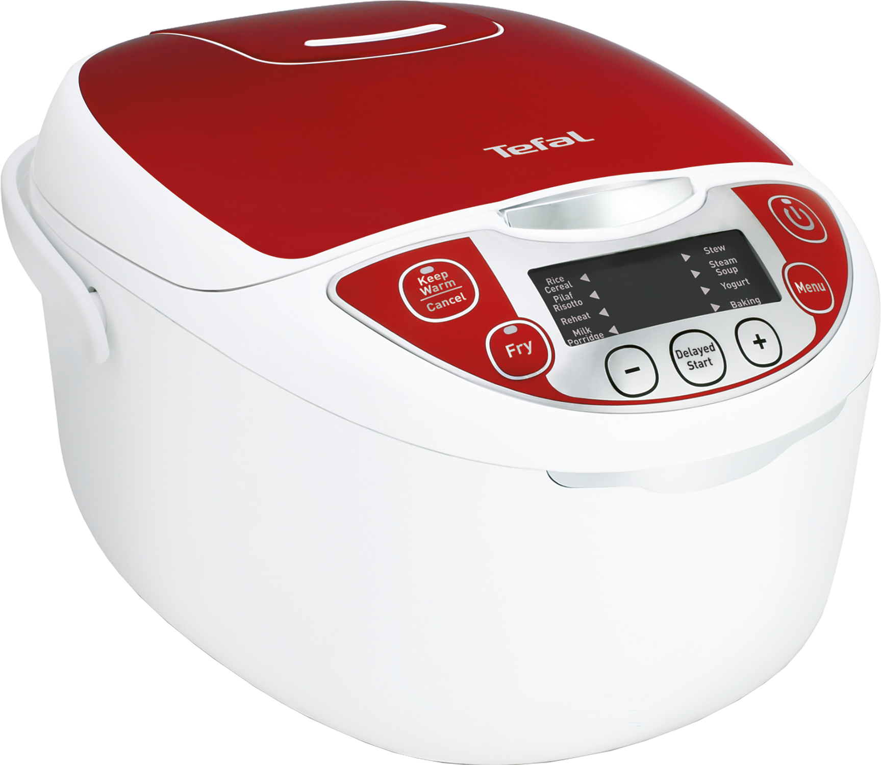 Een witte en rode Tefal rijstkoker. Het heeft bedieningsknoppen voor verschillende kookfuncties.