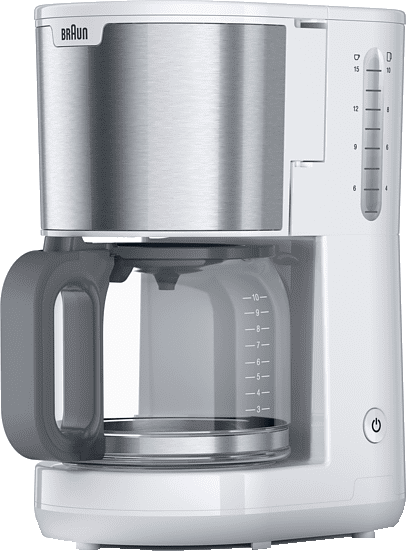 Une cafetière Braun blanche avec une carafe en verre et une poignée grise.