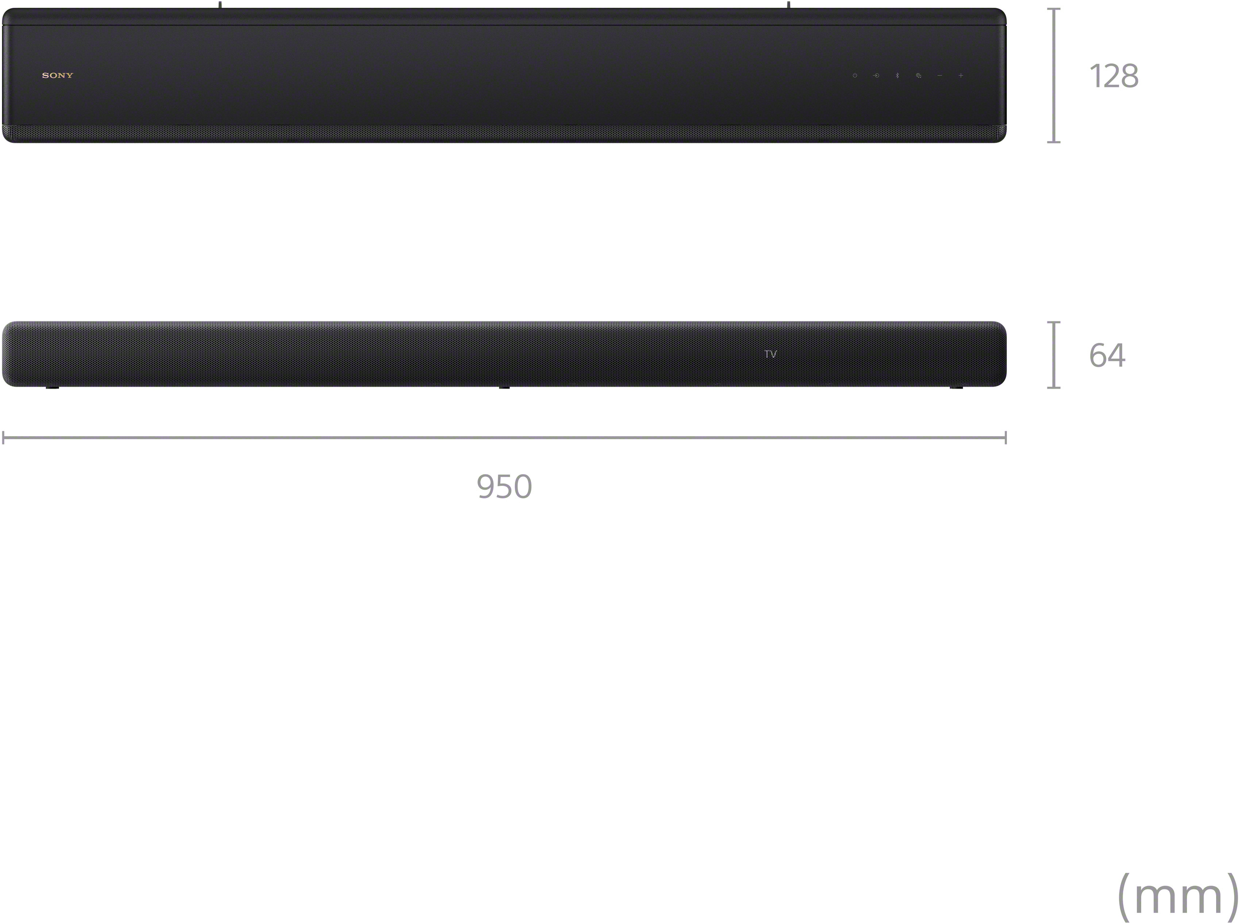 Barre de son Sony noire avec mesures en mm. Vues de dessus et de face.
