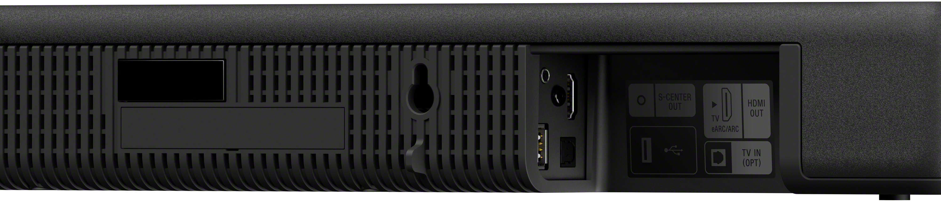 Panneau arrière de barre de son noir avec ports et entrées, dont HDMI, TV in et S-CENTER OUT.
