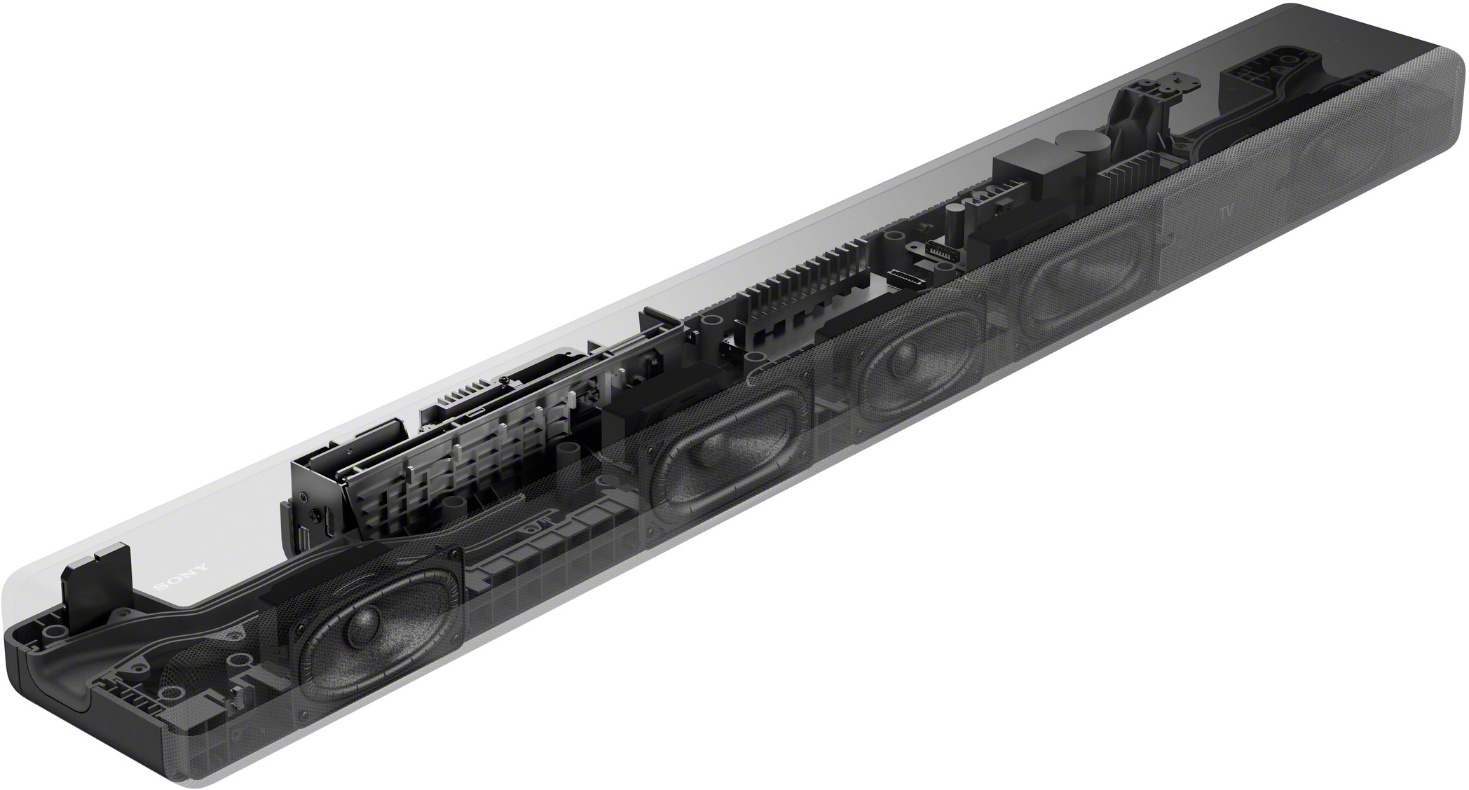 Vue en coupe d'une barre de son noire Sony. Composants internes, incluant haut-parleurs et circuits, sont visibles.