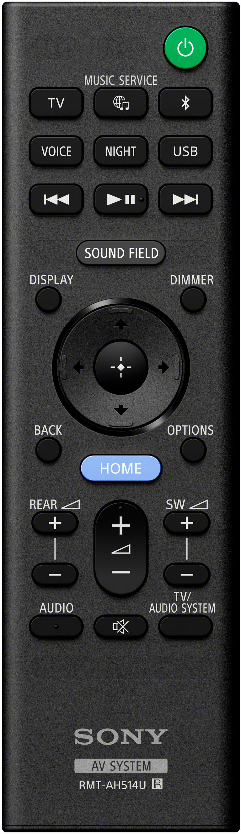 Télécommande Sony noire avec de nombreux boutons, dont alimentation, affichage et champ sonore.