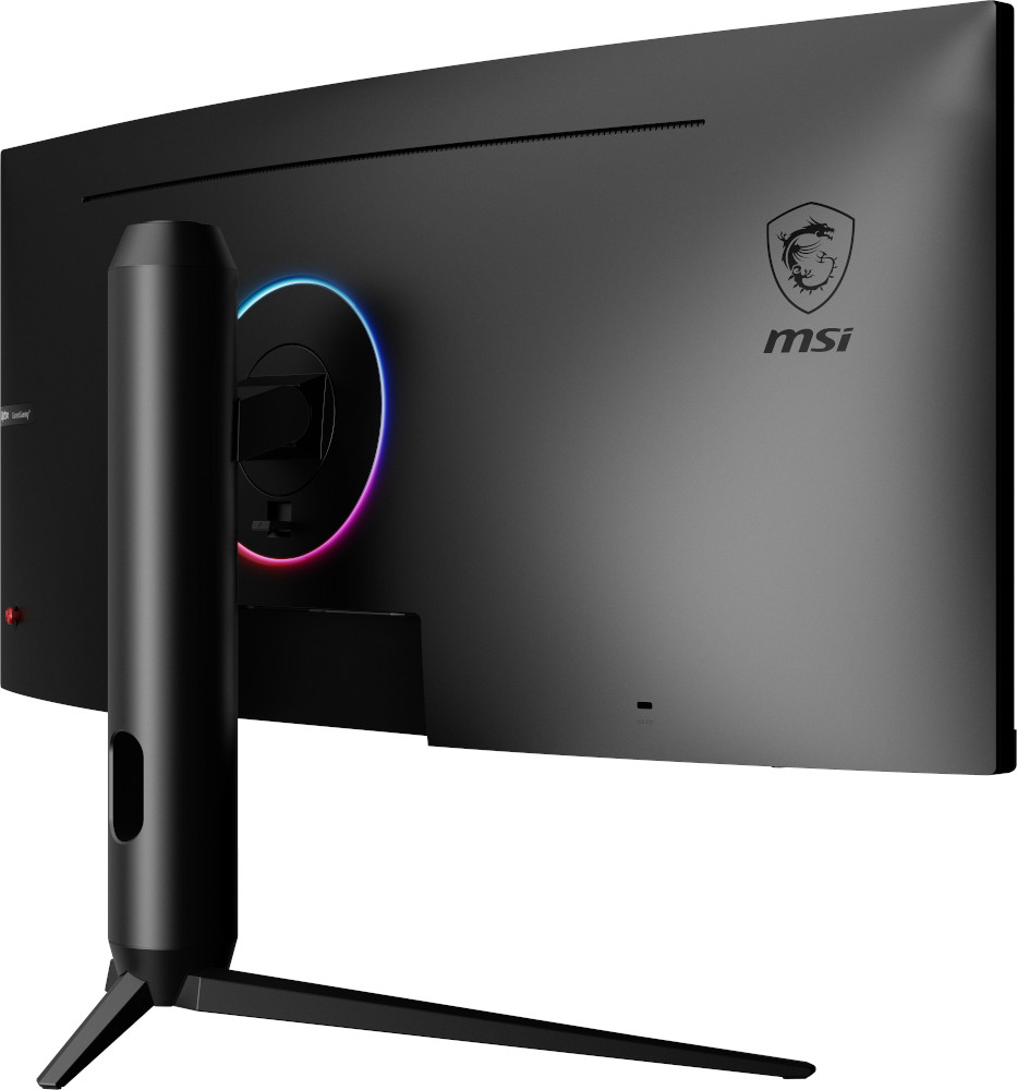 MSI gebogen gaming monitor, zwart, achteraanzicht met logo en poorten.