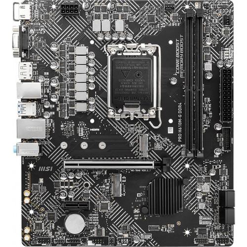 Yuvalar, bağlantı noktaları ve bir CPU soketi dahil olmak üzere çeşitli bileşenlere sahip bir bilgisayar anakartı.