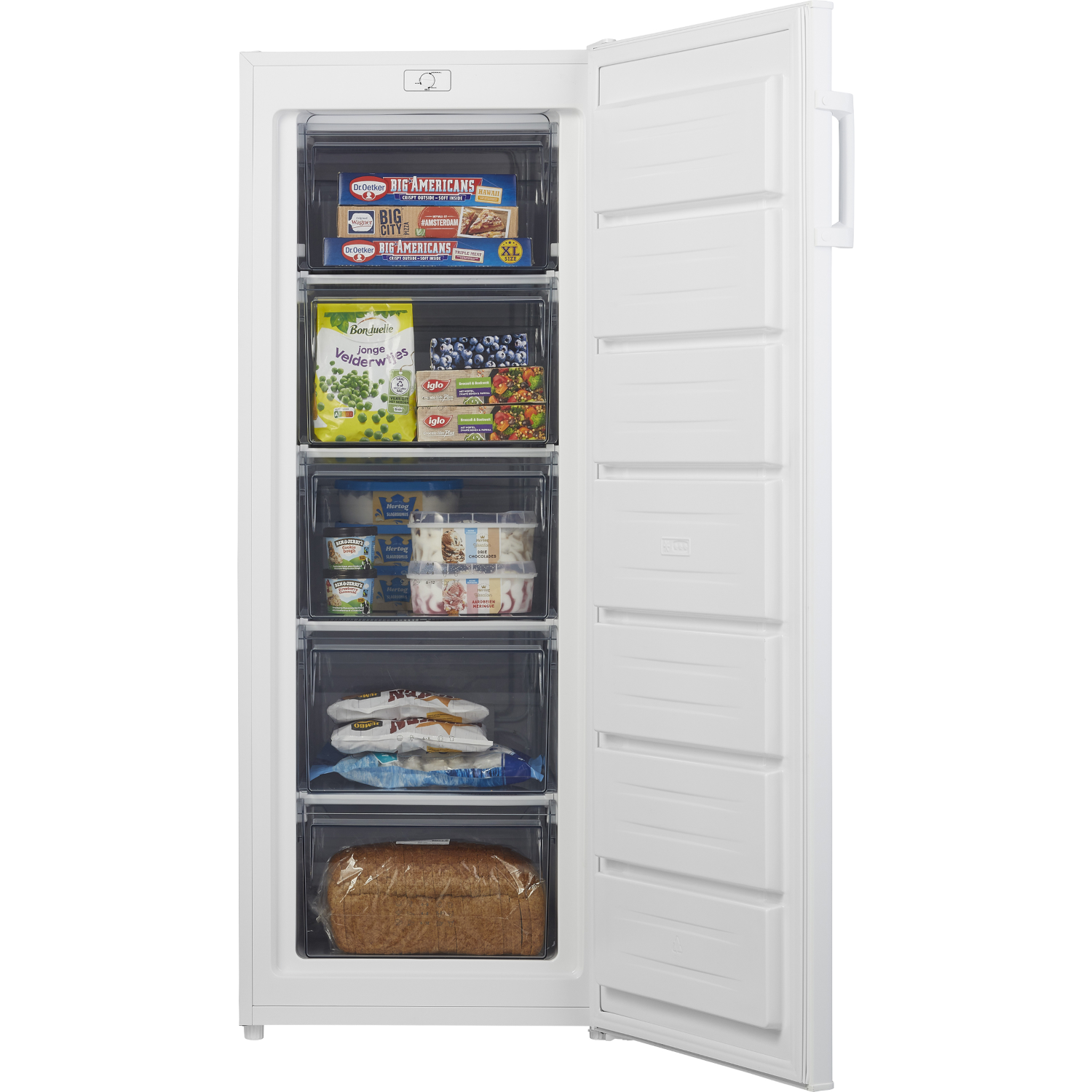A white freezer with open door showing frozen food, drawers, and shelves.