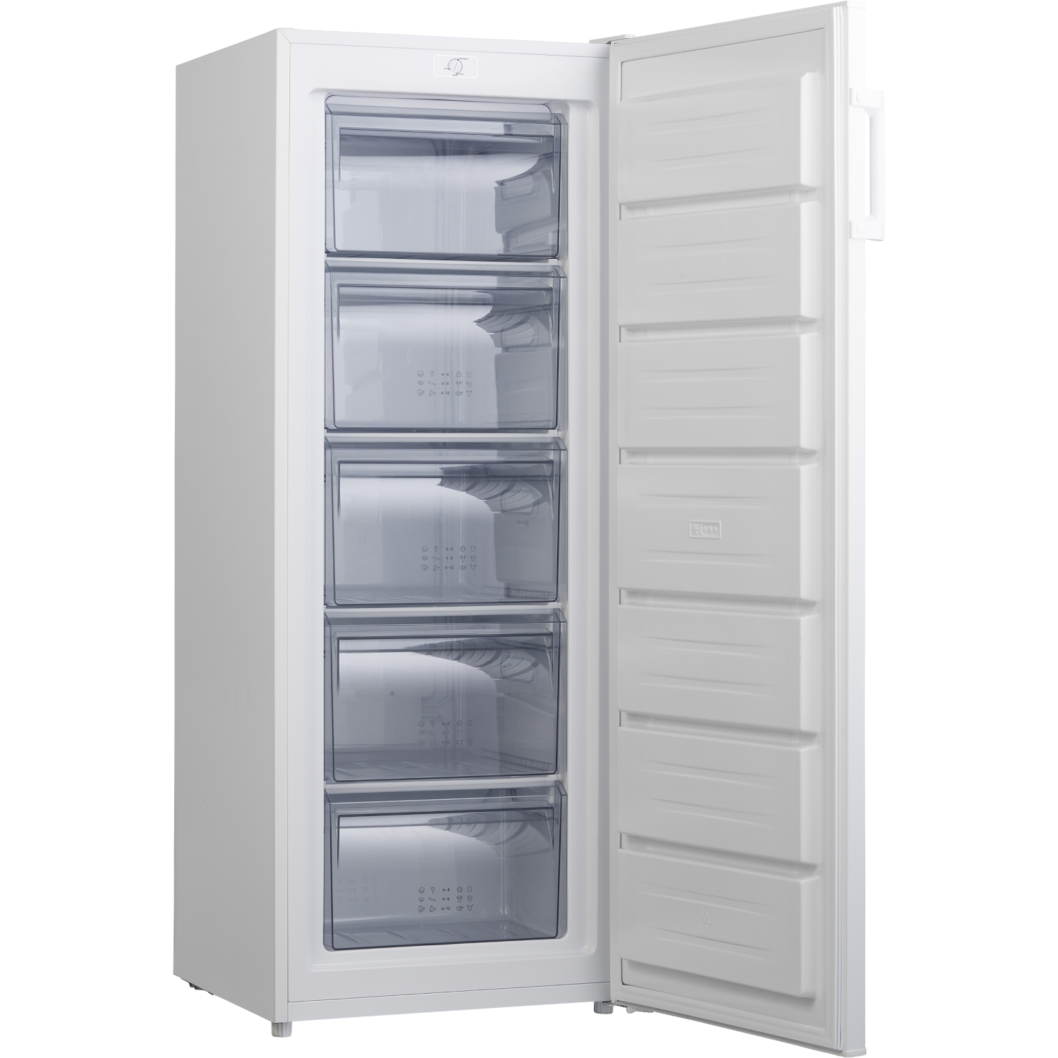 A white freezer with five transparent drawers and the door open.