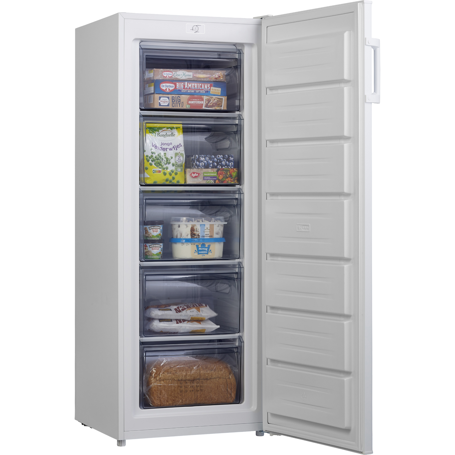 White freezer with open door, revealing drawers of frozen food. Bread and ice cream are visible.