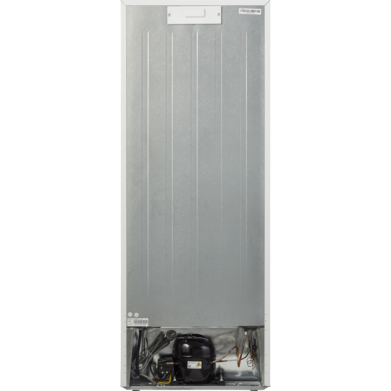 Back of a white refrigerator with metal back panel and black compressor at the bottom.