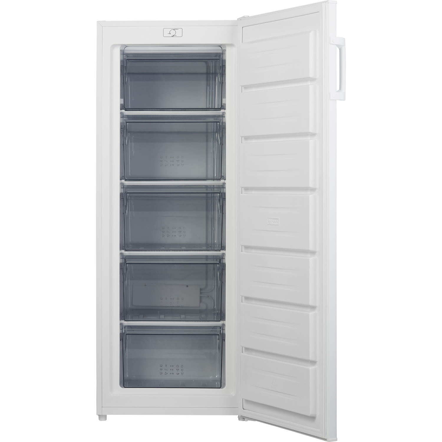 White freezer with open door, showing drawers.
